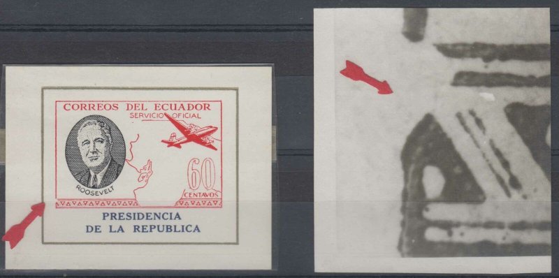 ECUADOR 1949 ROOSEVELT OFFICIAL Bts O261 MINISHEET WITH MAJOR PLATE FLAW MNH FVF 