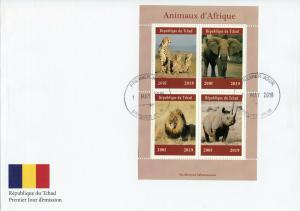 Chad 2019 FDC African Wild Animals Elephants Lions Rhinos 4v M/S Cover Stamps