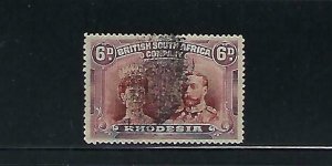 RHODESIA SCOTT #108a 1910 DOUBLE HEAD 6d  PERF 15- USED (SMUDGE CANCEL)