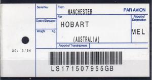 GB / AUSTRALIA, 1994 AIR MAIL Bag Label, MANCHESTER to HOBART, (30/03/94). `55GB