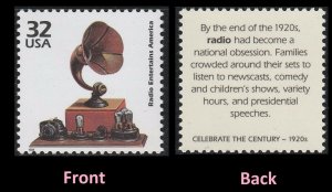 1998 Celebrate the 1920s Radio Entertains Single 33c Stamp, Sc# 3184i, MNH, OG