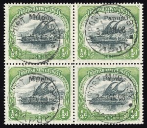 Papua 1906 Lakatoi ½d black & yellow-green block of four VFU. SG 38. Sc 19.