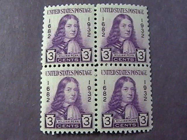 U.S.# 724-MINT NEVER/HINGED--BLOCK OF 4----WILLIAM PENN----1932