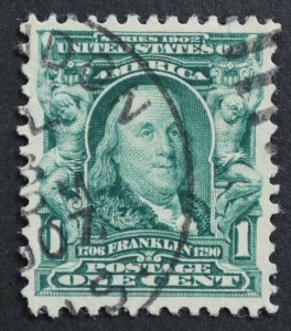 U.S. Used Stamp Scott #300 1c Blue Green Franklin, Superb. CDS Cancel. A Gem!