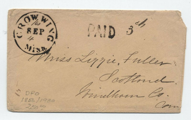 1861 Crow Wing MN stampless cover CDS paid 3 [y4660]