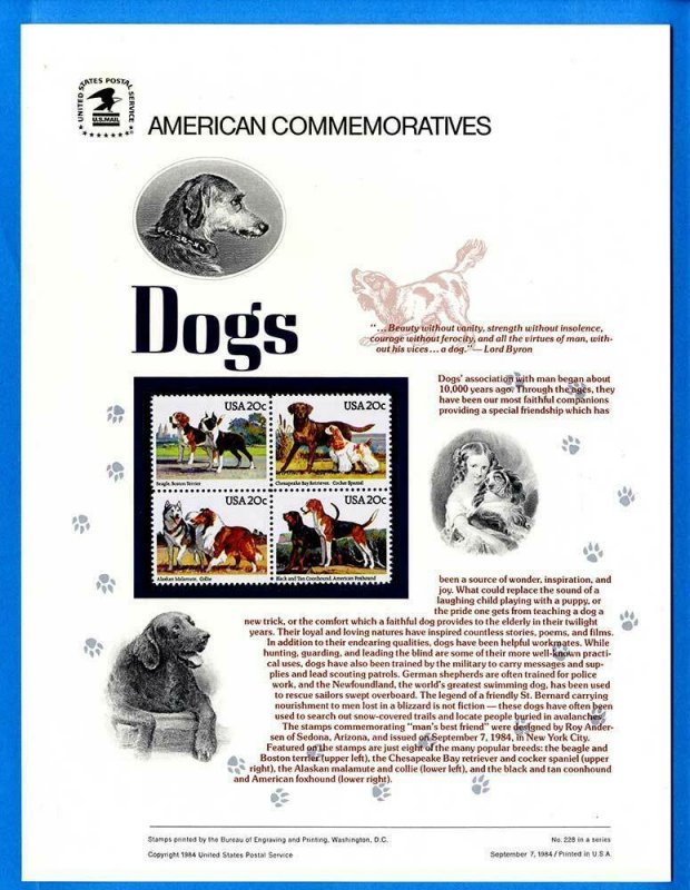 USPS COMMEMORATIVE PANEL #228 DOGS #2098-2101