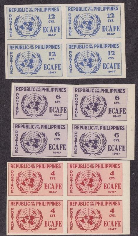 US Philippines MNH Scott # 516-518 ECAFE imperforated blocks of 4 (12 Stamps) -2