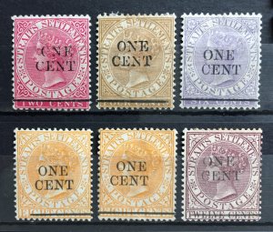 MALAYA Straits Settlements 1882-91 QV ONE CENT opt 6V Mint SG#88-92 M4551