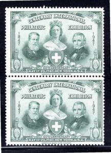 1947 New York Philatelic Exhibition MNHOG, 100th Anniversary, vertical pair