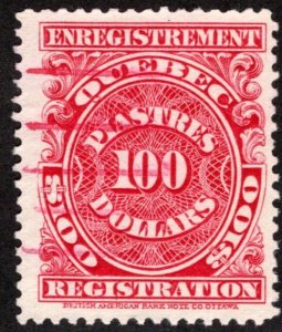 van Dam QR28, Used, $100 carmine, p.11, Quebec 1912 Registration Revenue, Canada