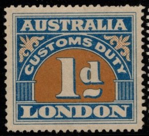 1930's Australia London 1d Customs Duty Unused No Gum