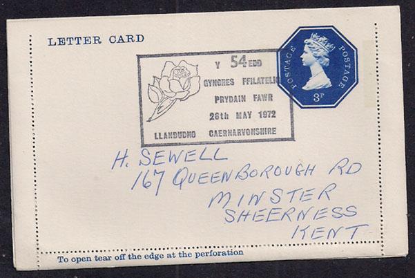 GB QE2 1972 letter card pmk 'y 54edd gyngres ffilatelig' ...