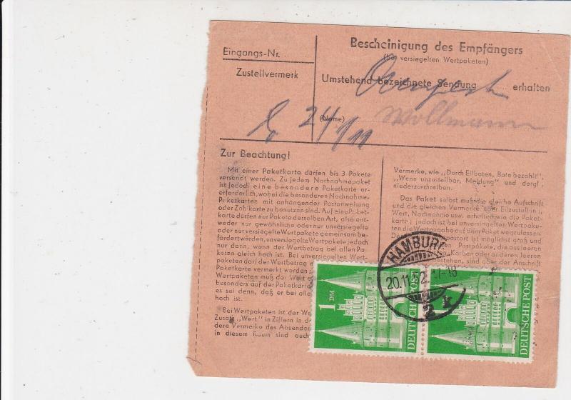 Germany Hamburg 1952 Multiple Numeral Posthorn Stamps Parcel Piece Ref 32296