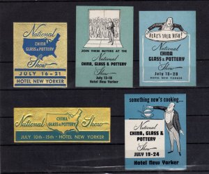 5 Advertising Stamps for National China, Glass & Pottery Shows, Hotel New Yorker