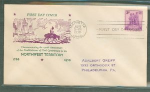 US 837 1938 3c Northwest Territory/150th anniversary (single) on an addressed first day cover with a Hux-cut cachet.