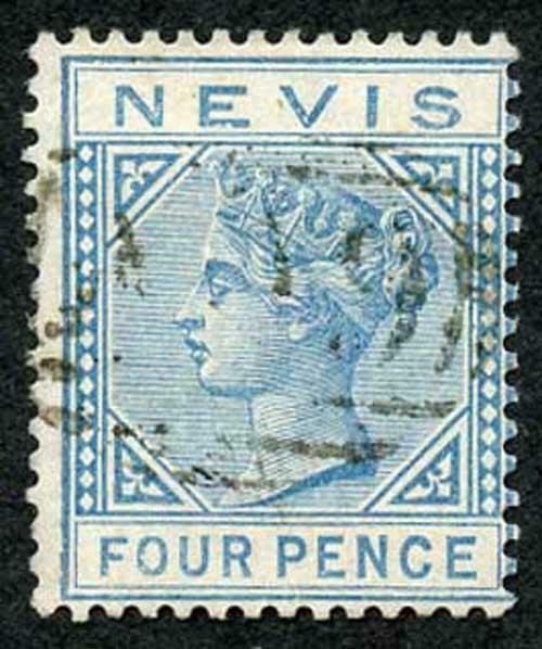 Nevis SG30 4d Blue wmk Crown CA a difficult stamp Cat 50 pounds