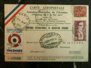 1931 Vincennes France Airmail Postcard Cover to Bucharest Romania mailed back