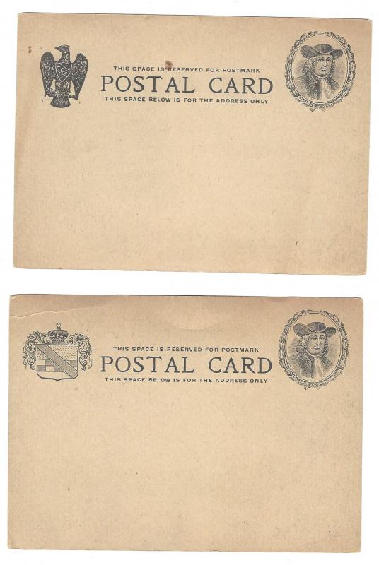 2 Essay Postal Stationery Cards Quaker William Penn Masonic KGE Eagle Unused