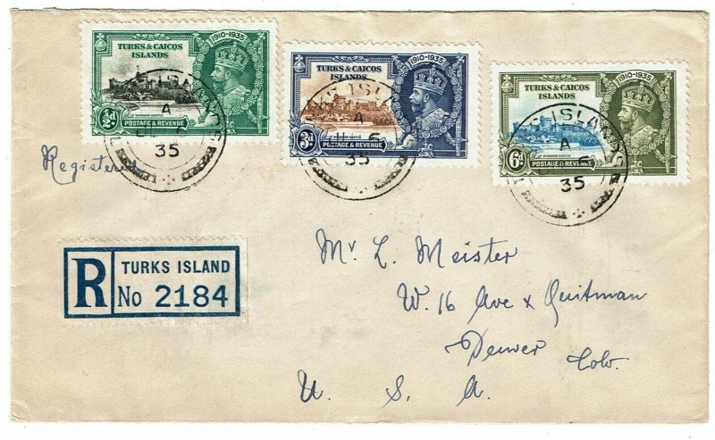 Turks & Caicos Islands 1935 registered cover to the U.S., franked Silver Jubilee