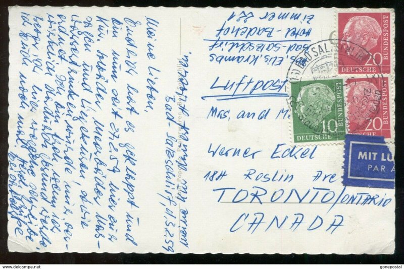 Germany 1959 Heuss Issues on Airmail Postcard to Canada. SALZSCHLIRF