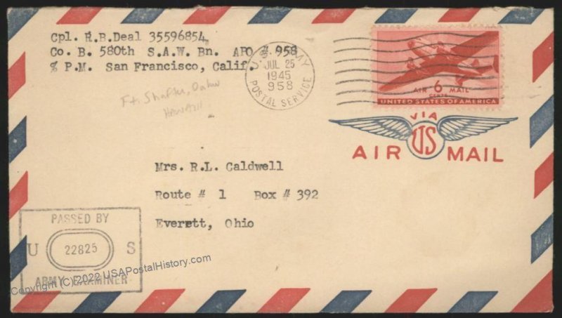 Hawaii USA 1945 APO 958 Military Territorial Mail Cover 109139