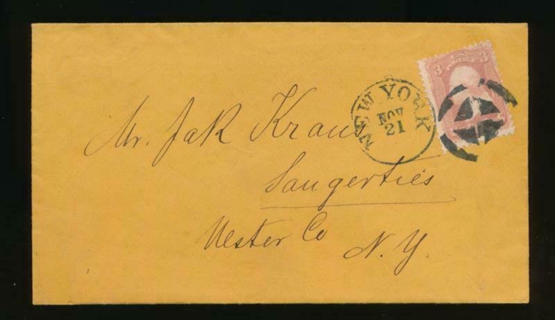 US #65 CLEAN COVER, NY TO SAUGERTIES ULSTER COUNTY NY NOV 21 CANCEL