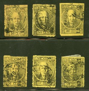 MEXICO HIDALGO SC# 55 FOLL# 65 TYPE I PERF 2 MEXICO STUDY LOT OF 6 USED AS SHOWN