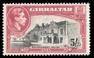 Gibraltar #116a Cat$60, 1938 5sh dark carmine and black, perf. 14, lightly hi...