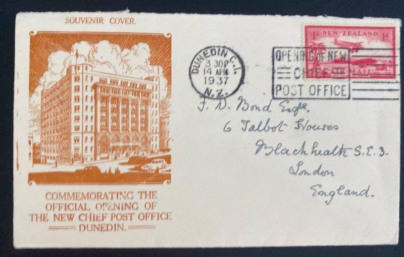1937 Dunedin New Zealand First Day Cover FDC To England New Chief Post Office