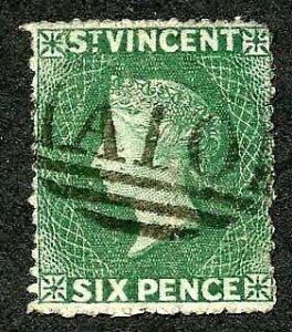 St Vincent SG4 1862 6d Deep Green No Wmk Rough Perf 14 to 16