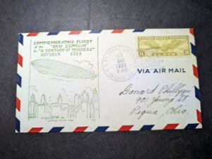 1933 USA LZ 127 Graf Zeppelin Airmail Cover Chicago IL to Pegua OH