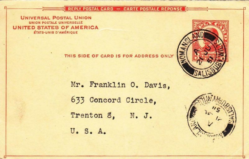 1951, 3c Reply Card (Sc #UY12r), Nomansland, GB to Trenton, NJ (39168)