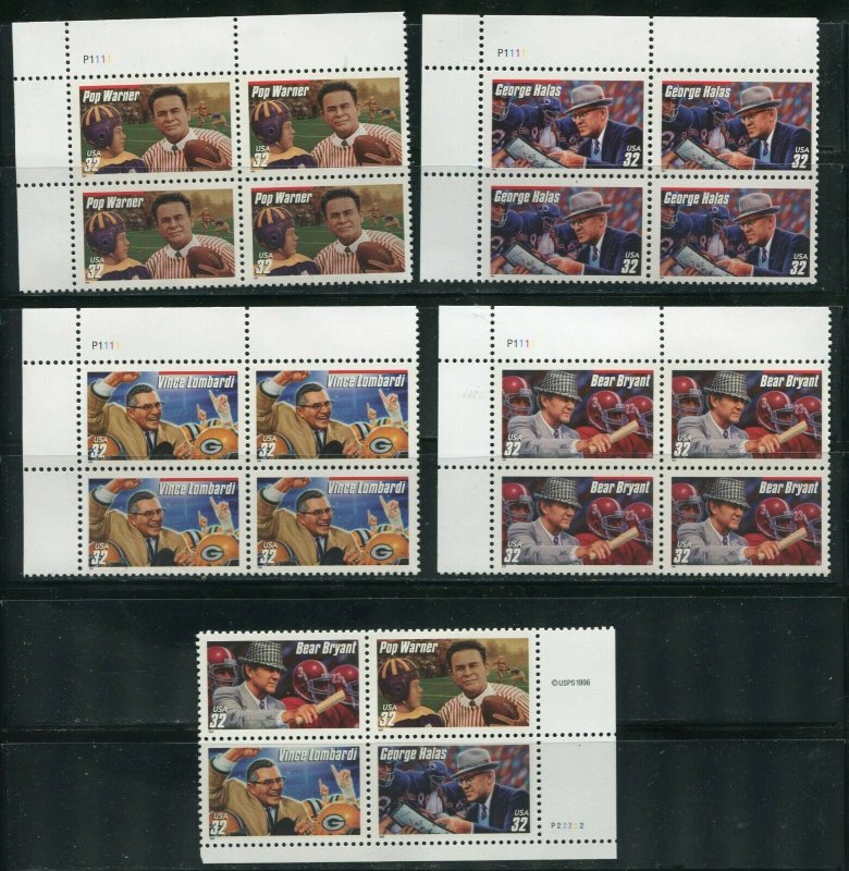 3143 - 3150 Football Coaches All 5 Plate Blocks of 4 32¢ Stamps Red Line