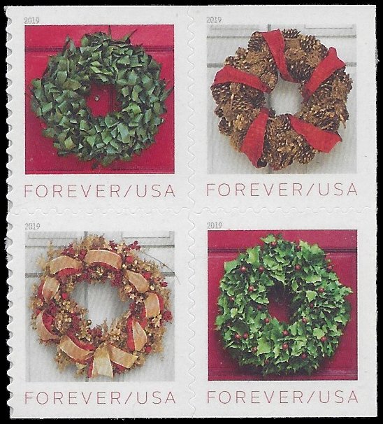 #5424-5427 (55c Forever) Holiday Wreaths Booklet Block of 4 2019 Mint NH