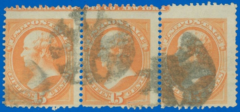 US Scott #163 15¢ Webster Strip/3 WITH IMPRINT CAPTURE!, Used w Fancy Cancels!