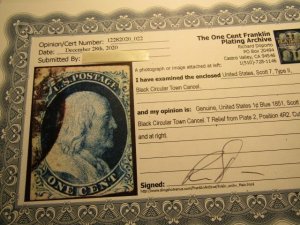 US Stamps, Scott #7 Used,Type II 1851, SCV $110.00, w/Richard Doporto Certificat