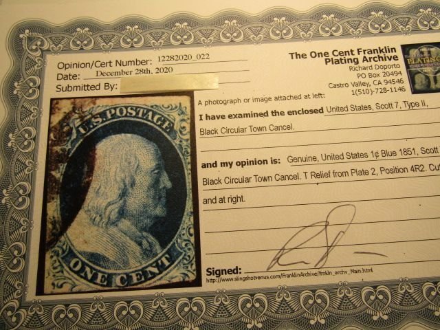 US Stamps, Scott #7 Used,Type II 1851, SCV $110.00, w/Richard Doporto Certificat