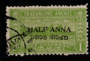 INDIA-TRAVANCORE-COCHIN SG3d 1949 ½a on 1ch YELLOW-GREEN p11 USED