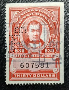 US Scott #R679 Used 1954 Revenue $30 Nice Cancellation / Perfin VF