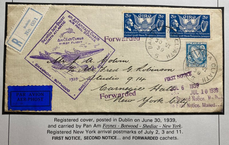 1939 Dublin Ireland First Flight Airmail Cover To New York USA Forwarded