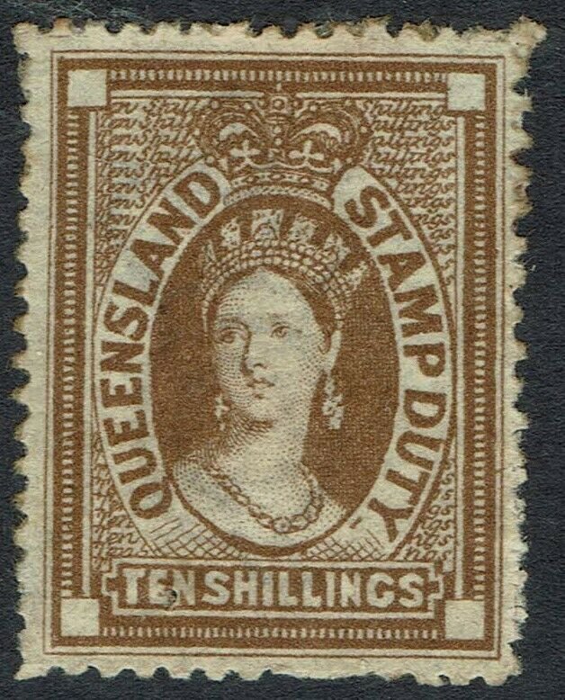 QUEENSLAND 1871 QV CHALON STAMP DUTY 10/- WITH CERTIFICATE WMK CROWN/Q