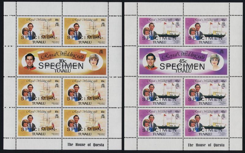 Tuvalu 158a,60b,62a Sheets Specimen o/p MNH Charles & Diana Wedding, Britannia