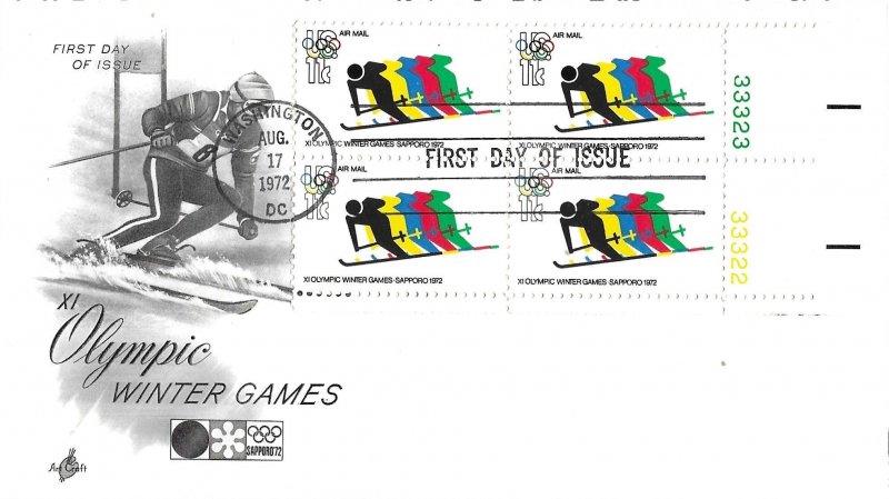 C85, 11c Winter Olympic Games, Art Craft, plate block First Day Cover