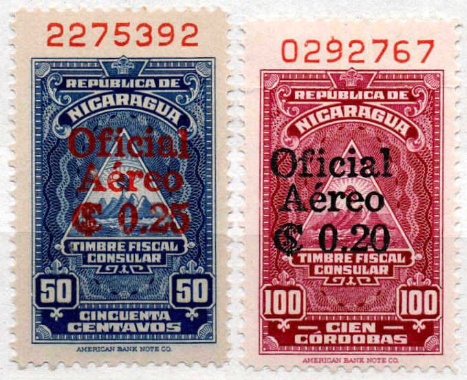 (I.B) Nicaragua Revenue : Consular 50c + 100c (Air Mail Overprints)