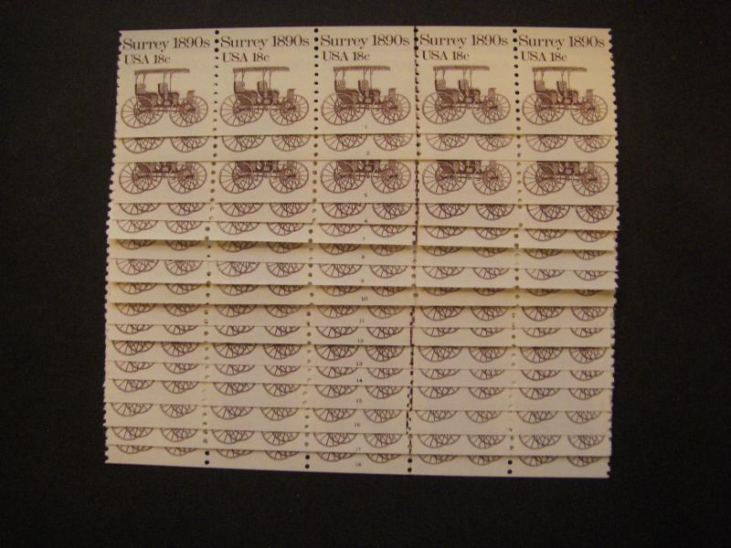 Scott 1907, 18c Surrey, 16 of 18 PNC5 Strips, MNH Transportation Beauties