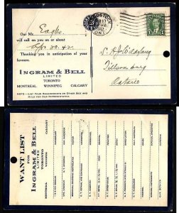 Canada-cover #12804 - 1c KGVI mufti on ad card Ingram & Bell Limited - Oxford