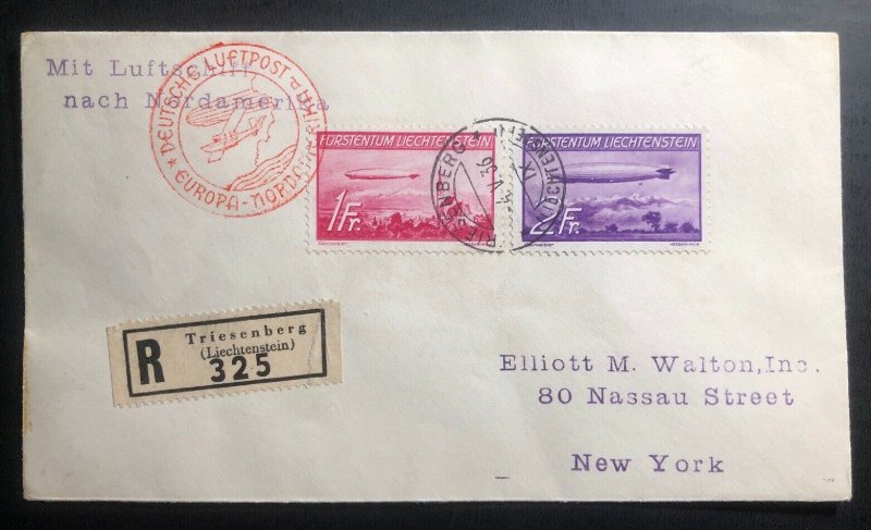 1936 Lichtenstein Hindenburg Zeppelin cover to New York USA # C15 C16 LZ129