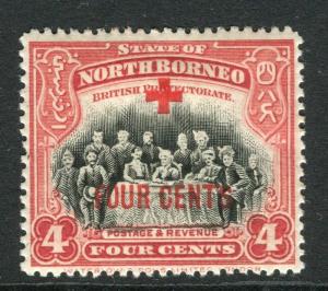 NORTH BORNEO; 1918 early Red Cross FOUR CENTS surcharged Mint hinged 4c.