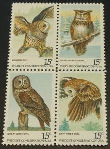 1978 15c Wildlife Conservation Owls 1760-1763 Block of 4 MNH