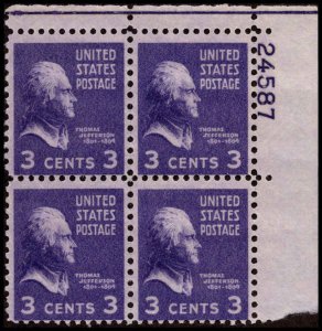 US #807 JEFFERSON MNH UR PLATE BLOCK #24587